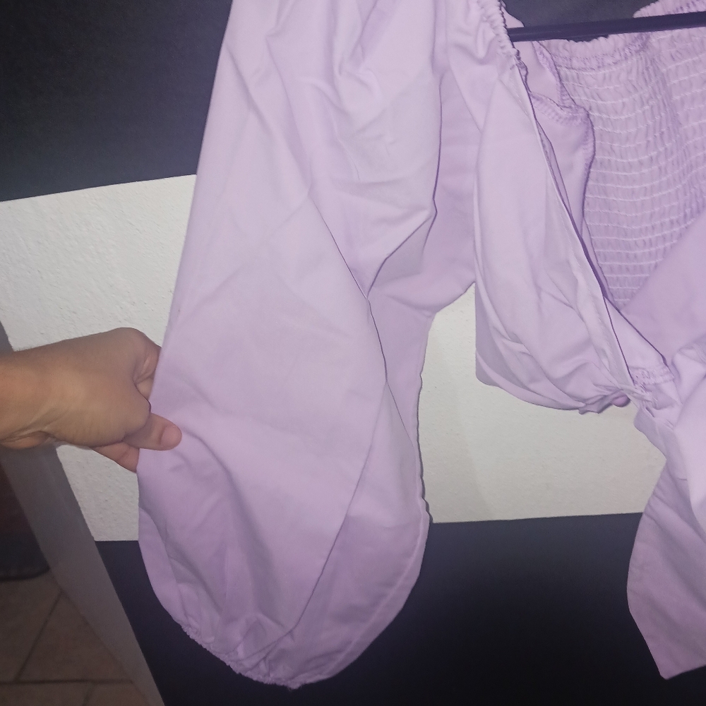 Women Lila purple puff sleeves bow blouse top - Picture 9 of 12